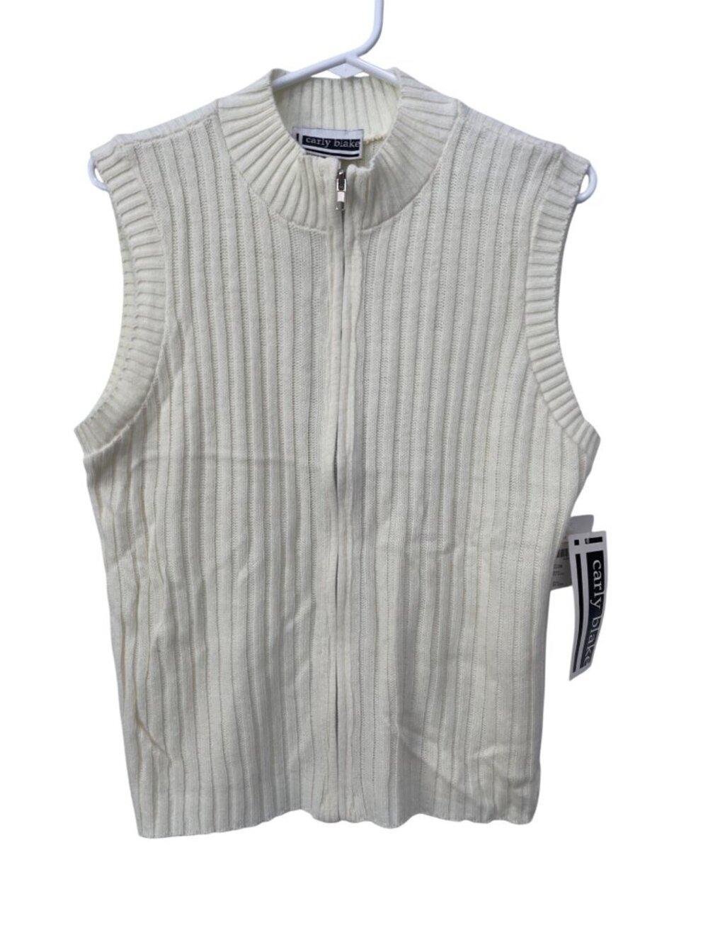 Vintage Carly Blake Sweater Vest Small Ribbed Zip Front Ivory Cozy Deadstock NEW